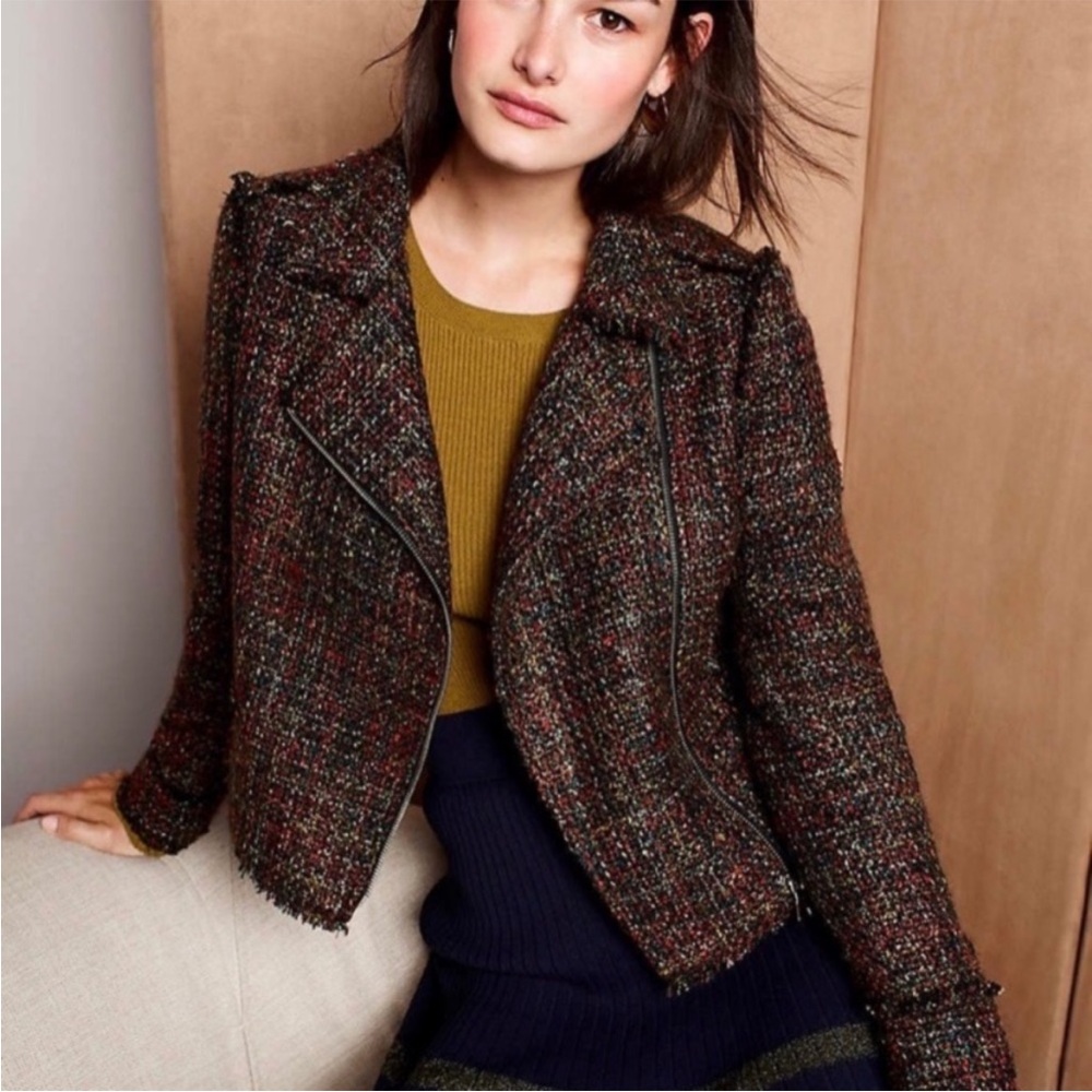 Ann Taylor tweed motorcycle jacket Brown 16P Plus Petite